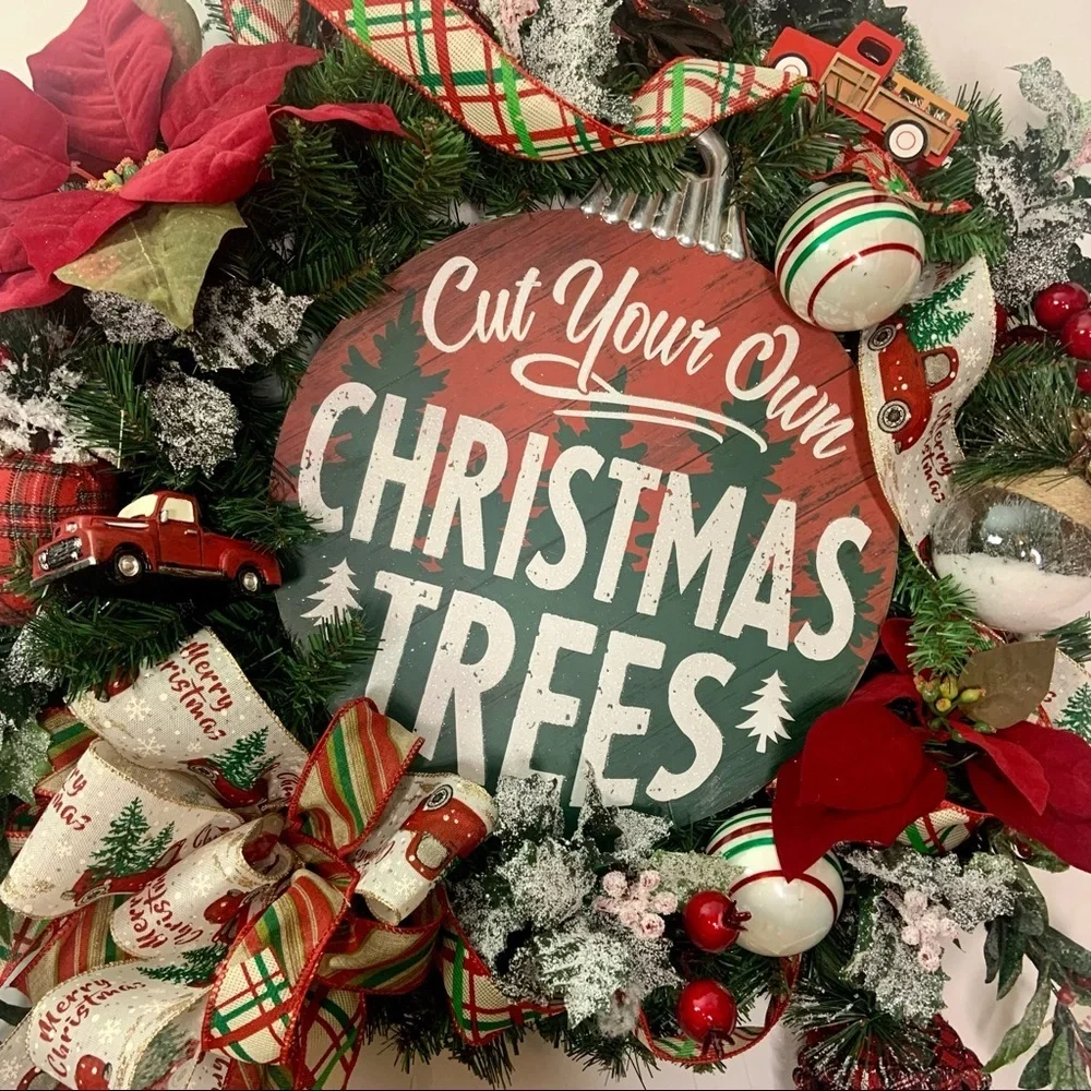 New Floral Rustic Christmas Farmhouse Pine Wreath Red Truck Trees Sign